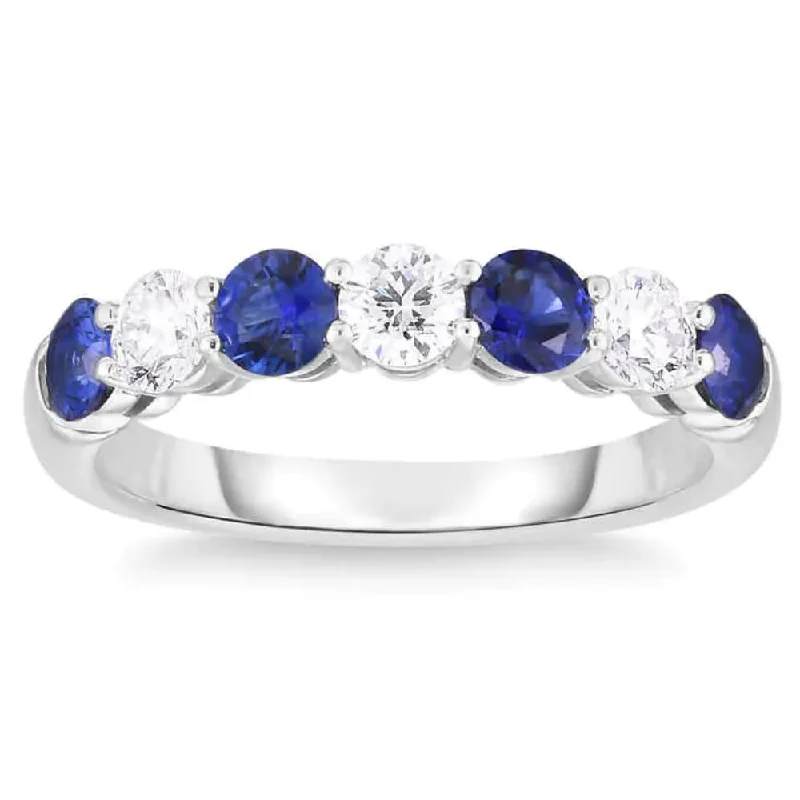 Blue Topaz - Embellished Wedding Bands in Silver for a Birthstone - Inspired and Colorful Piece1 1/2Ct TW Round Diamond & Created Blue Sapphire Stackable Ring in Gold