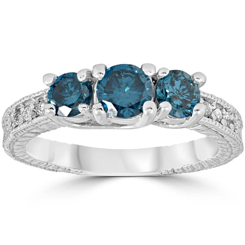 Blue Topaz - Embellished Wedding Bands in Silver for a Birthstone - Inspired and Colorful Piece1 Carat Treated Blue Diamond Vintage 3 Stone Ring White Gold