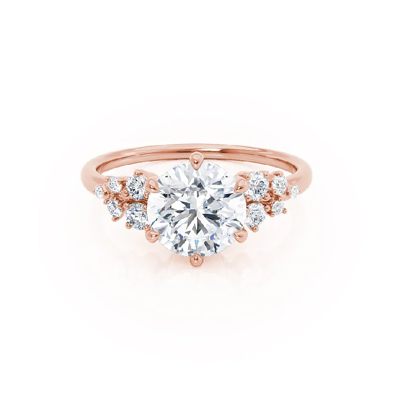 Art Deco Engagement Rings with Geometric Patterns and Baguette - Cut Diamond AccentsALYA - Round Moissanite Starburst Cluster Shoulder Set Engagement Ring 18k Rose Gold