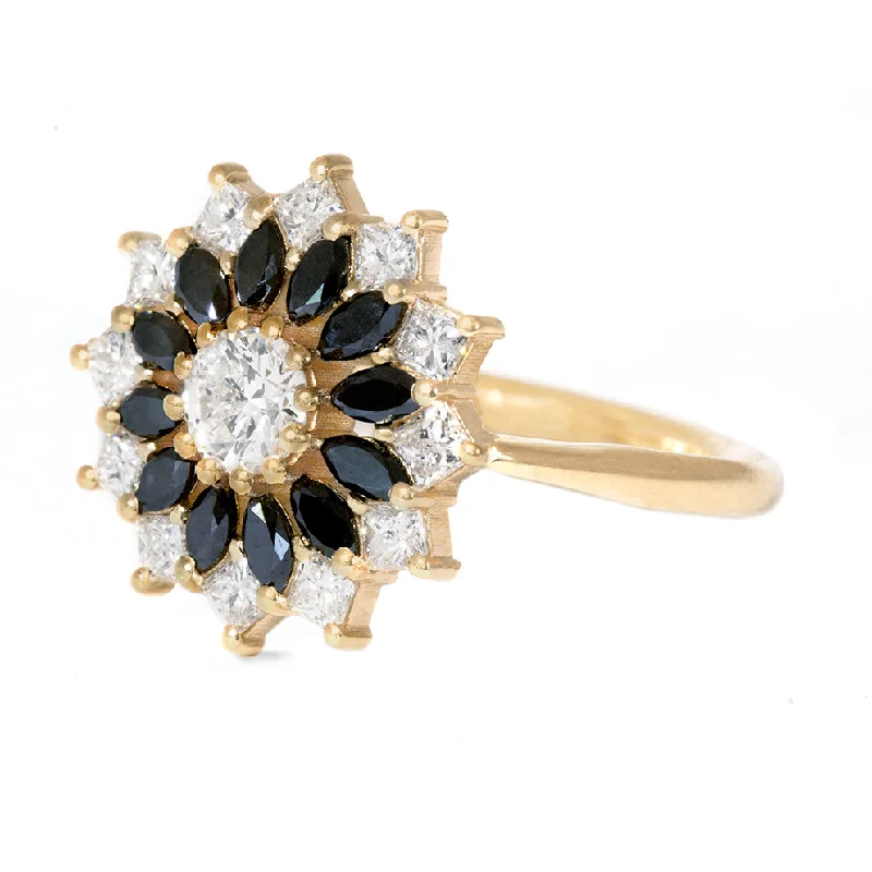 Cathedral - Style Engagement Rings with a Raised Center Stone and Intricate MetalworkBlack and White Diamond Engagement Ring - Flower Diamond Cluster Ring