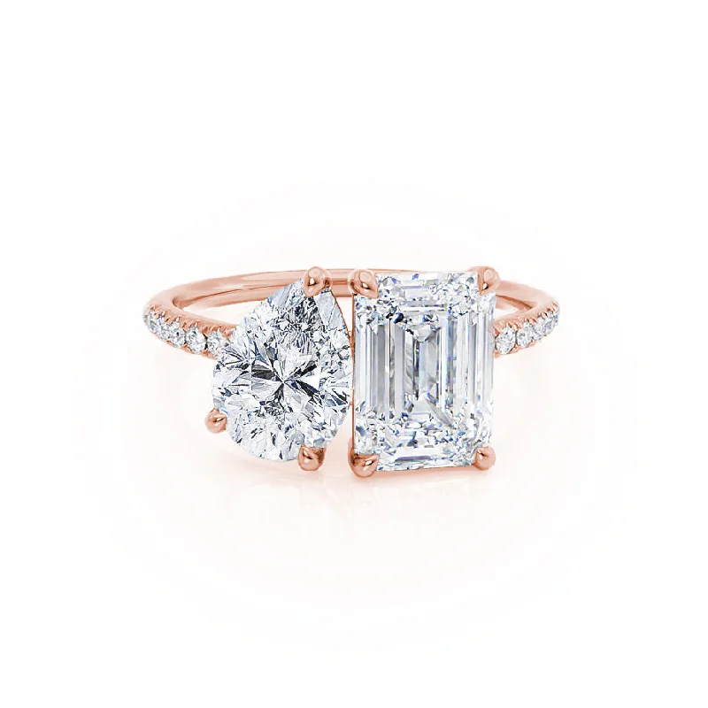 Oval Cut Engagement Rings in Palladium with a Hidden Halo for a Surprise SparkleCELESTE - Toi et Moi Lab Diamond Emerald & Pear Diamond Band Ring 18k Rose Gold