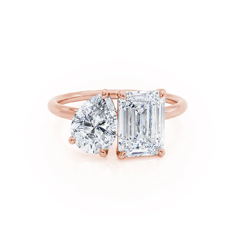 Princess Cut Engagement Rings in 18K White Gold with Micro - Pave Side StonesCOMET - Toi Et Moi Lab Diamond Emerald & Pear Cut Ring 18k Rose Gold