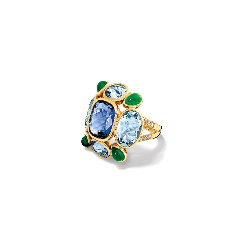 Princess Cut Engagement Rings in 18K White Gold with Micro - Pave Side StonesLuiza Ring 18ct Yellow Gold - Tanzanite, Aquamarine, Emerald & Diamond