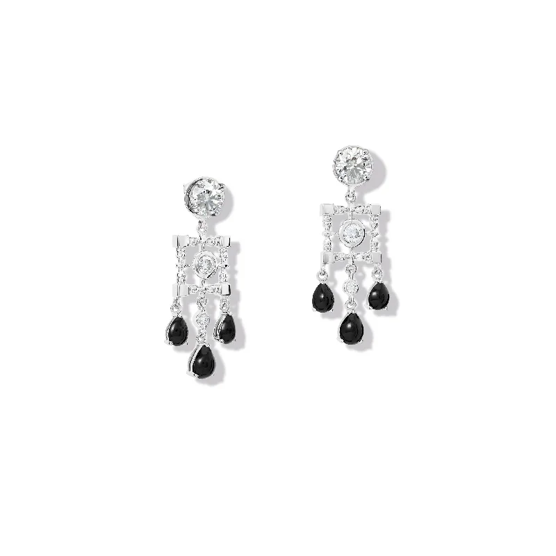 Signature - Design Engagement Rings with a Brand - Exclusive Pattern and Premium DiamondsMashrabiya Trellis Halo Earring Drops 18ct White Gold - Black Jade & Diamond