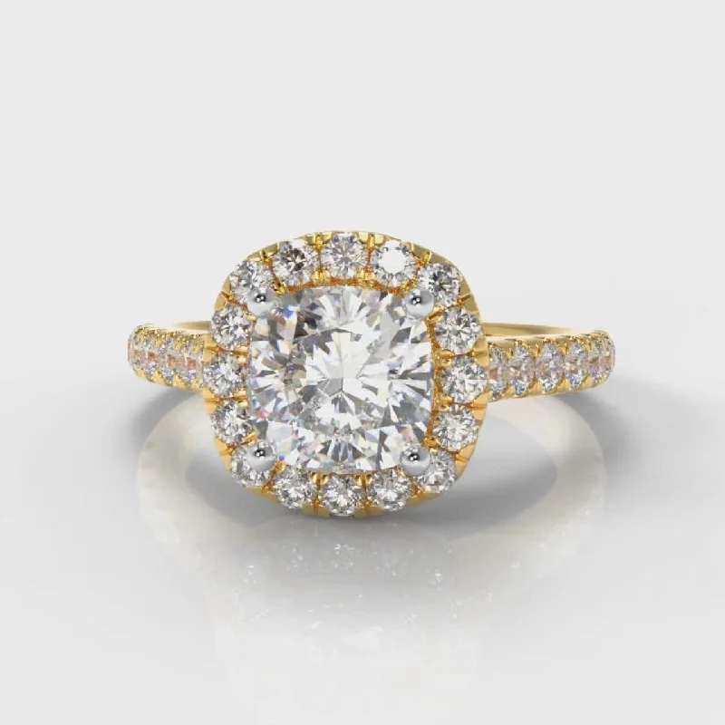 Cushion - Cut Halo Engagement Rings with a Platinum Band and Micro - Pave DetailsMicropavé Cushion Cut Diamond Halo Engagement Ring - Yellow Gold