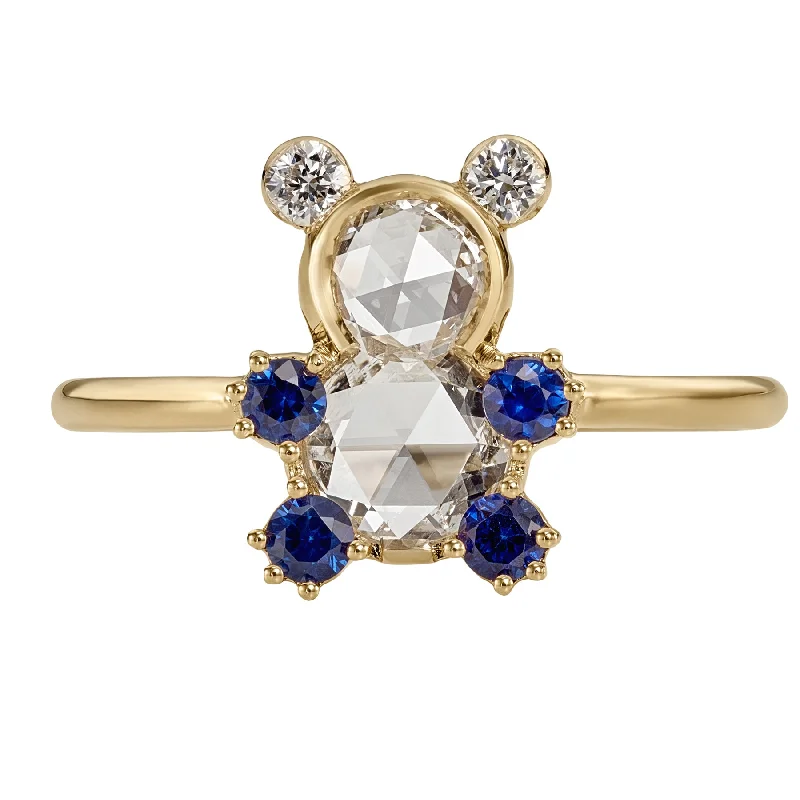 Vintage - Inspired Engagement Rings with Filigree Work and Emerald - Cut Center StoneTeddy Bear Rose Cut Diamond & Blue Sapphire Ring