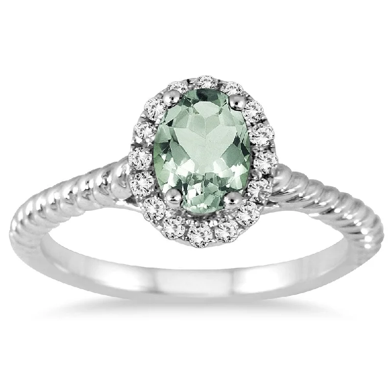 Emerald Gemstone Rings Set in Platinum with Filigree Work for a Vintage - Inspired Look1 Carat Green Amethyst and Diamond Halo Rope Ring in 10K White Gold