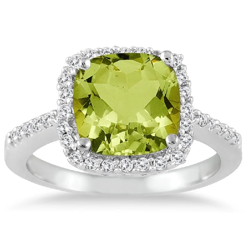 Peridot Gemstone Rings in 14K Gold - Filled Metal with a Pave - Set Band for a Sparkling Look2 1/2 Carat Cushion Cut Peridot and Diamond Ring 14K White Gold