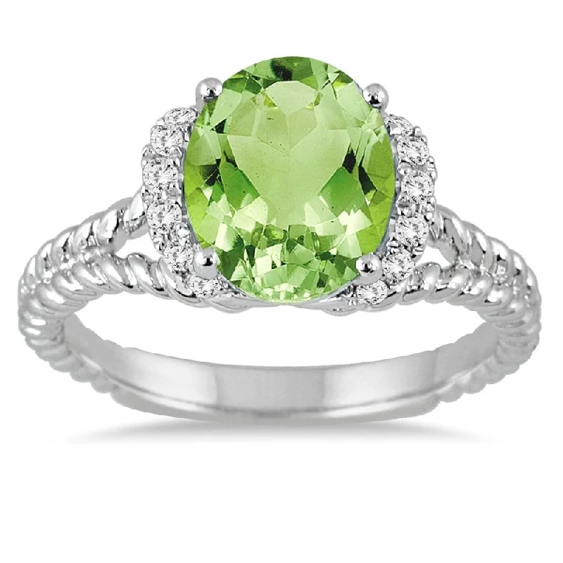 Emerald Gemstone Rings Set in Platinum with Filigree Work for a Vintage - Inspired Look2 1/4 Carat Oval Peridot and Diamond Ring in 14K White Gold