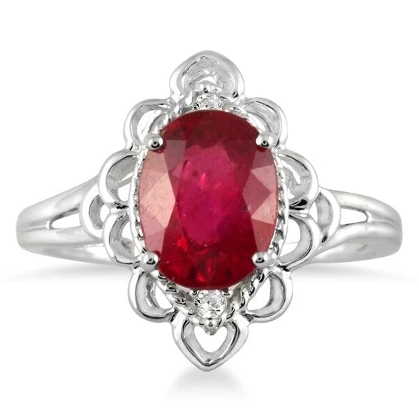 Aquamarine Gemstone Rings in 9K Gold with a Bezel Setting for a Modern and Secure Fit2.50 Carat Oval Ruby and Diamond Engraved Ring in 10K White Gold