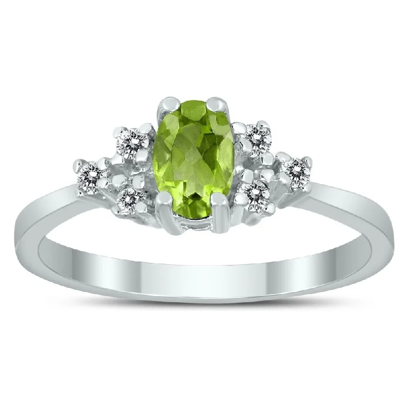 Peridot Gemstone Rings in 14K Gold - Filled Metal with a Pave - Set Band for a Sparkling Look6X4MM Peridot and Diamond Regal Ring in 10K White Gold