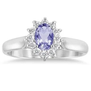 Amethyst Gemstone Rings in Sterling Silver with a Halo of Cubic Zirconia for a Budget - Friendly Luxury6x4MM Tanzanite and Diamond Flower Ring in 10K White Gold