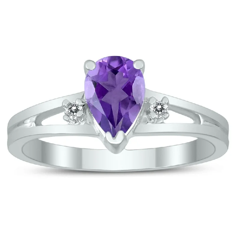 Amethyst Gemstone Rings in Sterling Silver with a Halo of Cubic Zirconia for a Budget - Friendly Luxury7X5MM Amethyst and Diamond Pear Shaped Open Three Stone Ring in 10K White Gold