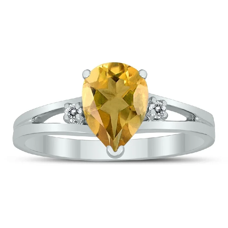 Topaz Gemstone Rings in 10K Gold with a Channel - Set Design for a Contemporary and Durable Option8X6MM Citrine and Diamond Pear Shaped Open Three Stone Ring in 10K White Gold