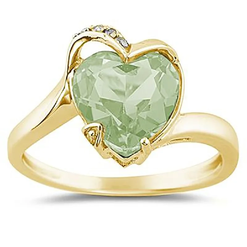 Agate Gemstone Rings in Sterling Silver with a Mosaic - Inspired Inlay for a Bohemian StyleHeart Shaped Green Amethyst and Diamond Curve Ring in 14K Yellow Gold