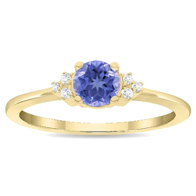 Aquamarine Gemstone Rings in 9K Gold with a Bezel Setting for a Modern and Secure FitWomen's Round Shaped Tanzanite and Diamond Half Moon Ring in 10K Yellow Gold