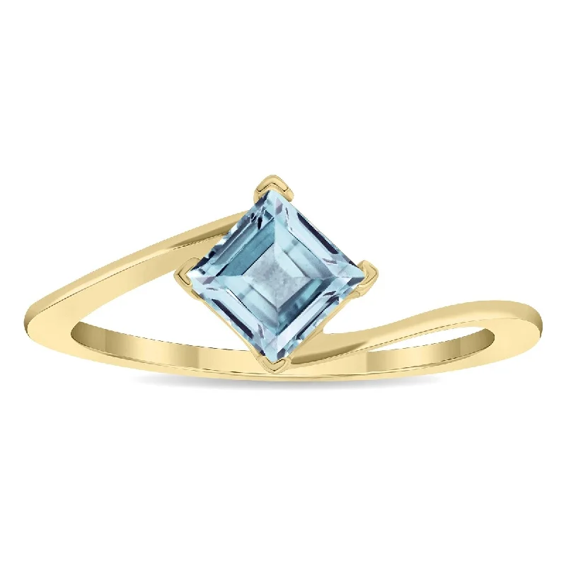 Agate Gemstone Rings in Sterling Silver with a Mosaic - Inspired Inlay for a Bohemian StyleWomen's Solitaire Square Shaped Aquamarine Wave Ring in 10K Yellow Gold