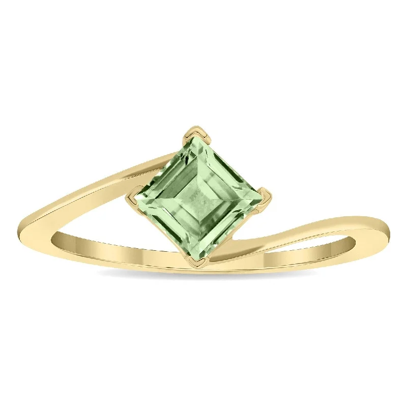 Peridot Gemstone Rings in 14K Gold - Filled Metal with a Pave - Set Band for a Sparkling LookWomen's Solitaire Square Shaped Green Amethyst Wave Ring in 10K Yellow Gold