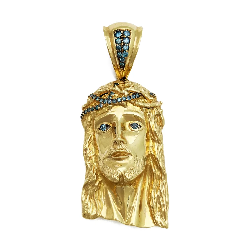 Handmade Leather - Wrapped Crystal Pendant for a Bohemian AestheticBlue Diamond Jesus Head Pendant (14K)