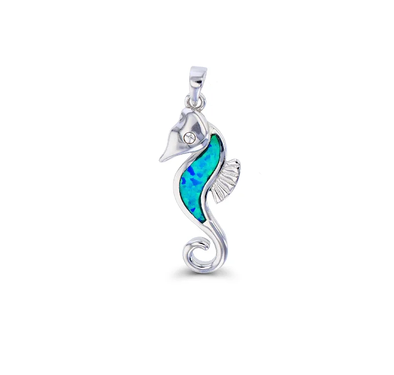 Adjustable - Length Turquoise - Inlaid Teardrop Pendant Necklace for TravelersBlue Opal Seahorse Pendant (Silver)