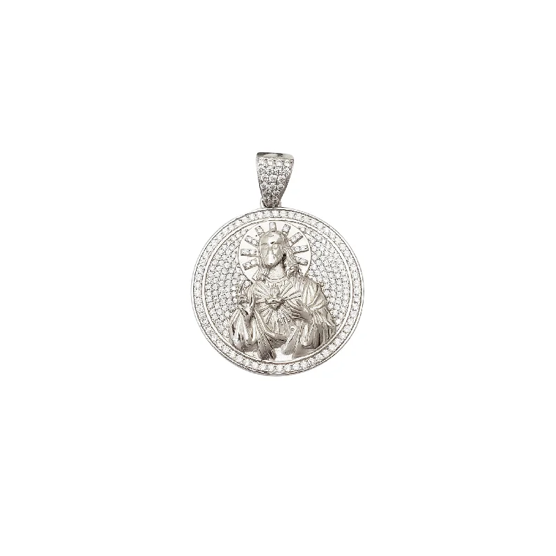 Double - Sided Pendant Necklace with a Photo Insert for Memory - KeepersIced-Out Jesus Round CZ Pendant (Silver)