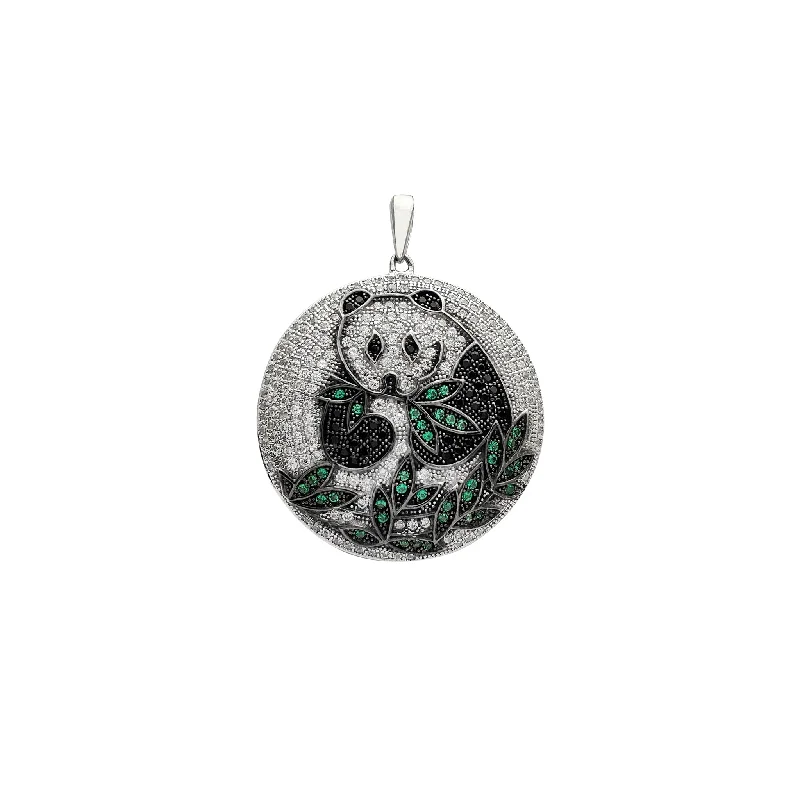 Statement - Making Large - Gemstone - Studded Geometric Pendant Necklace for Evening PartiesIcy Panda Round Medallion Pendant (Silver)