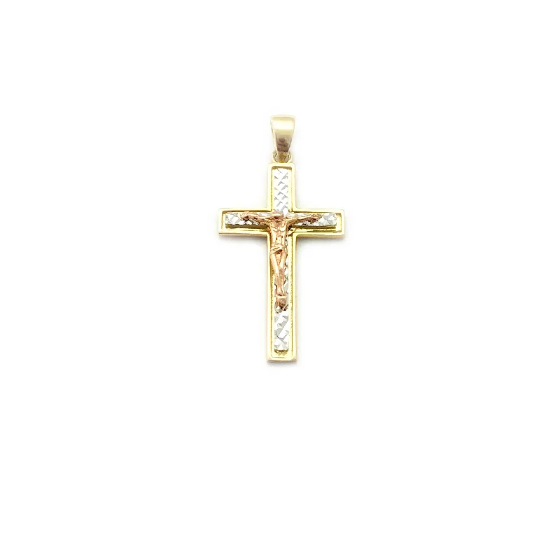 Rhinestone - Encrusted Crown Pendant for Little Girls' Dress - UpTri-Color Diamond-Cut Cross Pendant (14K)